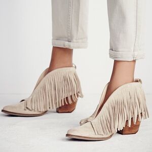 Free People Fringe Ankle Boots - Cream and Tan